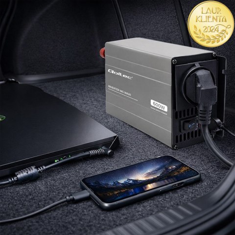 Qoltec Przetwornica napięcia MS Wave | 12V na 230V | 300/600W | USB | Kompatybilna z LiFePO4 GEL AGM
