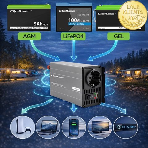 Qoltec Przetwornica napięcia MS Wave | 12V na 230V | 500/1000W | USB | Kompatybilna z LiFePO4 GEL AGM