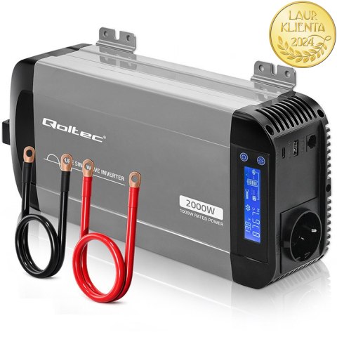 Qoltec Przetwornica napięcia Pure Sine Wave | 12V na 230V | 1000/2000W | LCD | USB | USB-C | Kompatybilna z LiFePO4 GEL AGM