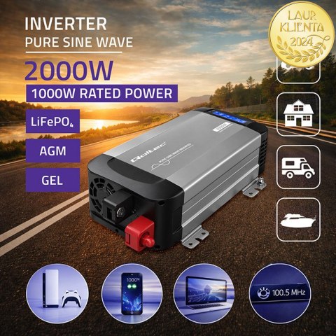 Qoltec Przetwornica napięcia Pure Sine Wave | 12V na 230V | 1000/2000W | LCD | USB | USB-C | Kompatybilna z LiFePO4 GEL AGM