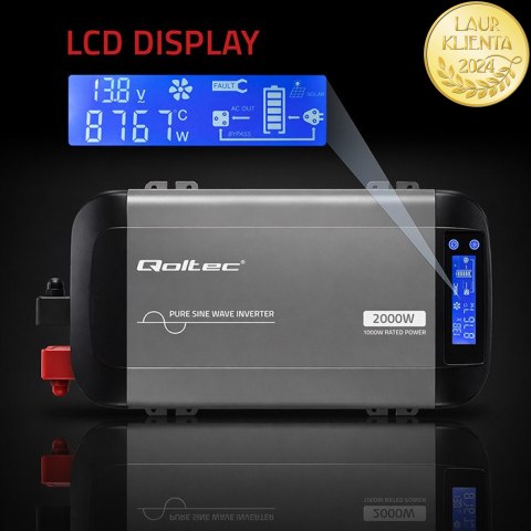 Qoltec Przetwornica napięcia Pure Sine Wave | 12V na 230V | 1000/2000W | LCD | USB | USB-C | Kompatybilna z LiFePO4 GEL AGM