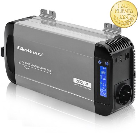 Qoltec Przetwornica napięcia Pure Sine Wave | 12V na 230V | 1000/2000W | LCD | USB | USB-C | Kompatybilna z LiFePO4 GEL AGM