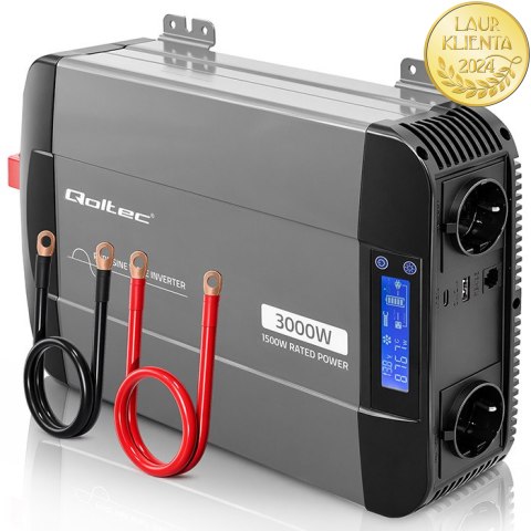 Qoltec Przetwornica napięcia Pure Sine Wave | 12V na 230V | 1500/3000W | LCD | USB | USB-C | Kompatybilna z LiFePO4 GEL AGM