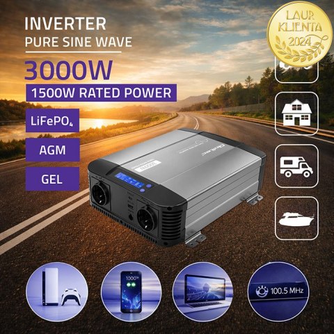 Qoltec Przetwornica napięcia Pure Sine Wave | 12V na 230V | 1500/3000W | LCD | USB | USB-C | Kompatybilna z LiFePO4 GEL AGM