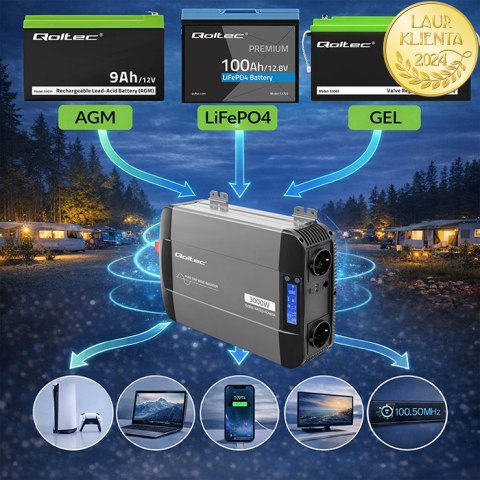 Qoltec Przetwornica napięcia Pure Sine Wave | 12V na 230V | 1500/3000W | LCD | USB | USB-C | Kompatybilna z LiFePO4 GEL AGM