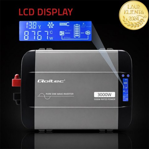 Qoltec Przetwornica napięcia Pure Sine Wave | 12V na 230V | 1500/3000W | LCD | USB | USB-C | Kompatybilna z LiFePO4 GEL AGM