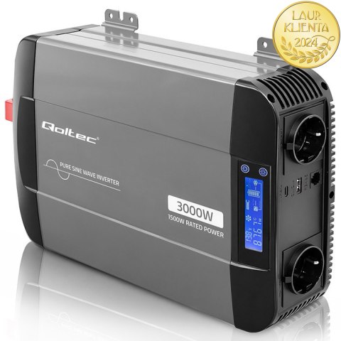 Qoltec Przetwornica napięcia Pure Sine Wave | 12V na 230V | 1500/3000W | LCD | USB | USB-C | Kompatybilna z LiFePO4 GEL AGM