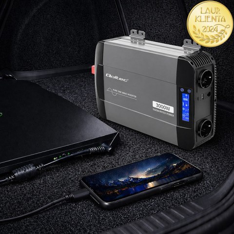 Qoltec Przetwornica napięcia Pure Sine Wave | 12V na 230V | 1500/3000W | LCD | USB | USB-C | Kompatybilna z LiFePO4 GEL AGM