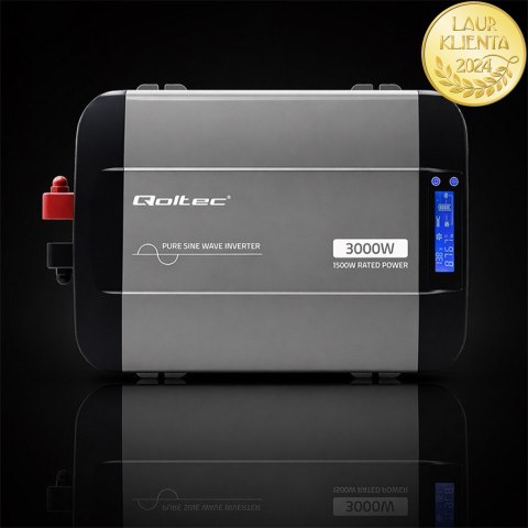 Qoltec Przetwornica napięcia Pure Sine Wave | 12V na 230V | 1500/3000W | LCD | USB | USB-C | Kompatybilna z LiFePO4 GEL AGM