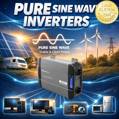Qoltec Przetwornica napięcia Pure Sine Wave | 12V na 230V | 1500/3000W | LCD | USB | USB-C | Kompatybilna z LiFePO4 GEL AGM
