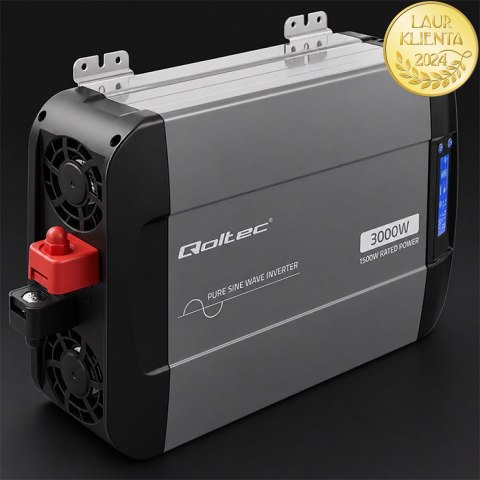 Qoltec Przetwornica napięcia Pure Sine Wave | 12V na 230V | 1500/3000W | LCD | USB | USB-C | Kompatybilna z LiFePO4 GEL AGM