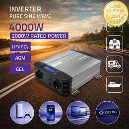 Qoltec Przetwornica napięcia Pure Sine Wave | 12V na 230V | 2000/4000W | LCD | USB | USB-C | Kompatybilna z LiFePO4 GEL AGM
