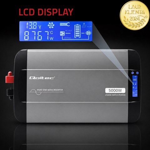 Qoltec Przetwornica napięcia Pure Sine Wave | 12V na 230V | 2500/5000W | LCD | USB | USB-C | Kompatybilna z LiFePO4 GEL AGM