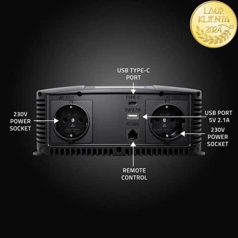 Qoltec Przetwornica napięcia Pure Sine Wave | 12V na 230V | 2500/5000W | LCD | USB | USB-C | Kompatybilna z LiFePO4 GEL AGM