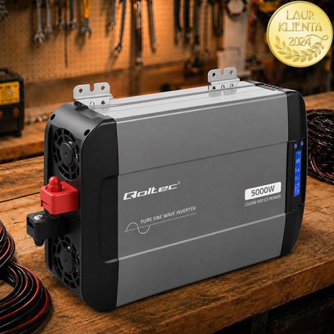 Qoltec Przetwornica napięcia Pure Sine Wave | 12V na 230V | 2500/5000W | LCD | USB | USB-C | Kompatybilna z LiFePO4 GEL AGM