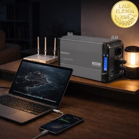 Qoltec Przetwornica napięcia Pure Sine Wave | 12V na 230V | 3000/6000W | LCD | USB | USB-C | Kompatybilna z LiFePO4 GEL AGM