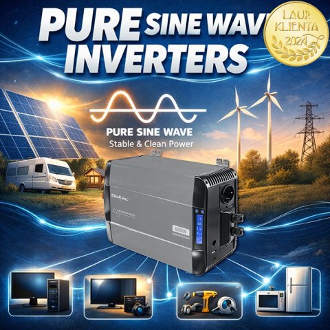 Qoltec Przetwornica napięcia Pure Sine Wave | 12V na 230V | 3000/6000W | LCD | USB | USB-C | Kompatybilna z LiFePO4 GEL AGM