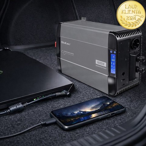 Qoltec Przetwornica napięcia Pure Sine Wave | 12V na 230V | 3000/6000W | LCD | USB | USB-C | Kompatybilna z LiFePO4 GEL AGM