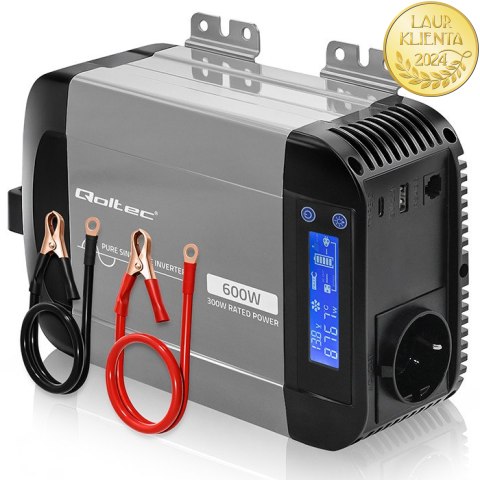 Qoltec Przetwornica napięcia Pure Sine Wave | 12V na 230V | 300/600W | LCD | USB | USB-C | Kompatybilna z LiFePO4 GEL AGM