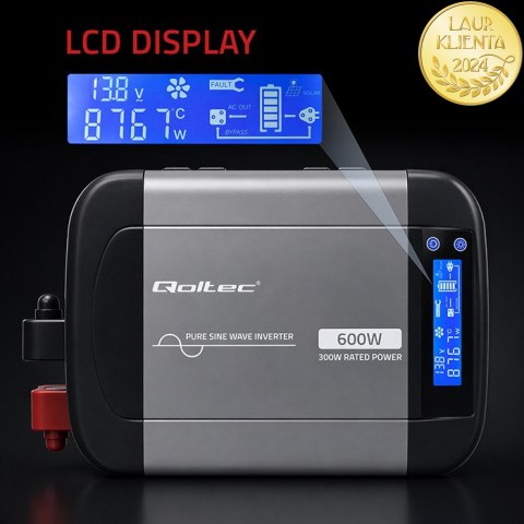 Qoltec Przetwornica napięcia Pure Sine Wave | 12V na 230V | 300/600W | LCD | USB | USB-C | Kompatybilna z LiFePO4 GEL AGM