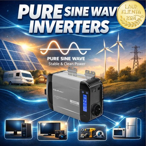 Qoltec Przetwornica napięcia Pure Sine Wave | 12V na 230V | 300/600W | LCD | USB | USB-C | Kompatybilna z LiFePO4 GEL AGM