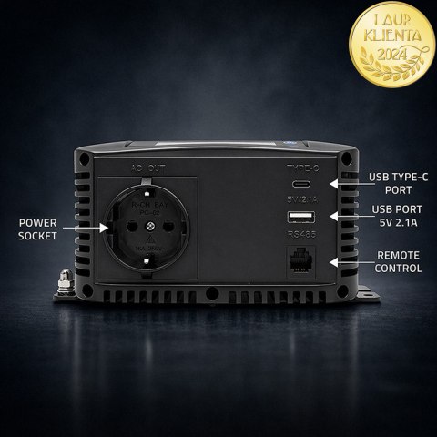 Qoltec Przetwornica napięcia Pure Sine Wave | 12V na 230V | 300/600W | LCD | USB | USB-C | Kompatybilna z LiFePO4 GEL AGM