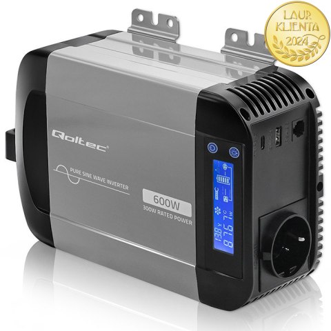 Qoltec Przetwornica napięcia Pure Sine Wave | 12V na 230V | 300/600W | LCD | USB | USB-C | Kompatybilna z LiFePO4 GEL AGM
