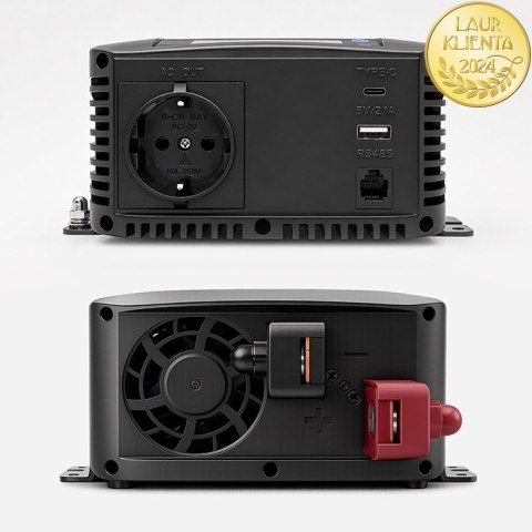 Qoltec Przetwornica napięcia Pure Sine Wave | 12V na 230V | 300/600W | LCD | USB | USB-C | Kompatybilna z LiFePO4 GEL AGM
