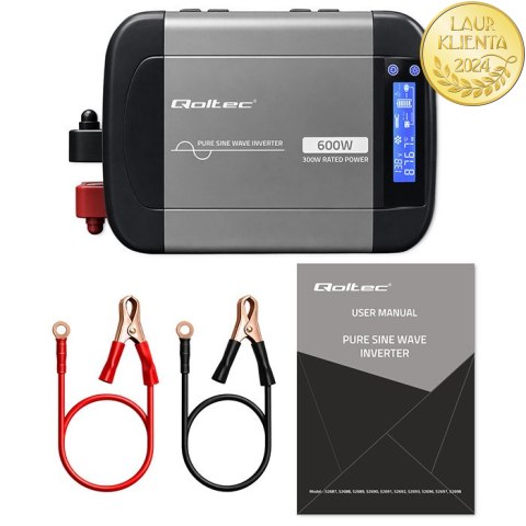 Qoltec Przetwornica napięcia Pure Sine Wave | 12V na 230V | 300/600W | LCD | USB | USB-C | Kompatybilna z LiFePO4 GEL AGM
