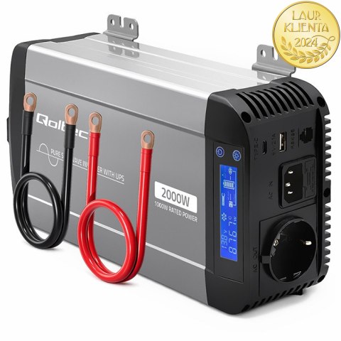 Qoltec Przetwornica napięcia Pure Sine Wave z UPS | 12V na 230V | 1000/2000W | LCD | USB | USB-C | Kompatybilna z LiFePO4 GEL AG