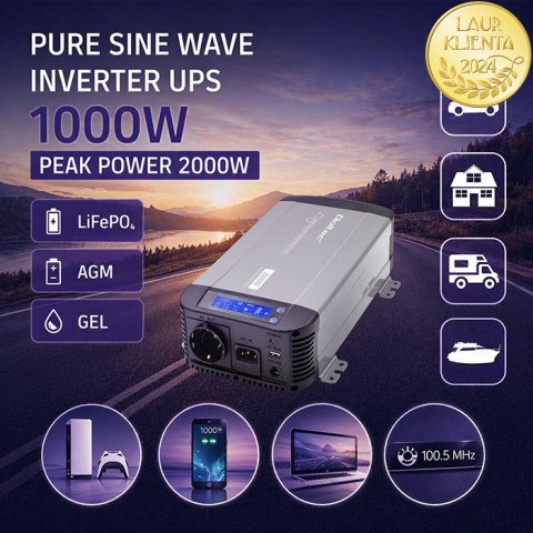 Qoltec Przetwornica napięcia Pure Sine Wave z UPS | 12V na 230V | 1000/2000W | LCD | USB | USB-C | Kompatybilna z LiFePO4 GEL AG