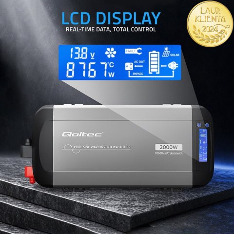 Qoltec Przetwornica napięcia Pure Sine Wave z UPS | 12V na 230V | 1000/2000W | LCD | USB | USB-C | Kompatybilna z LiFePO4 GEL AG