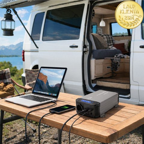 Qoltec Przetwornica napięcia Pure Sine Wave z UPS | 12V na 230V | 1000/2000W | LCD | USB | USB-C | Kompatybilna z LiFePO4 GEL AG
