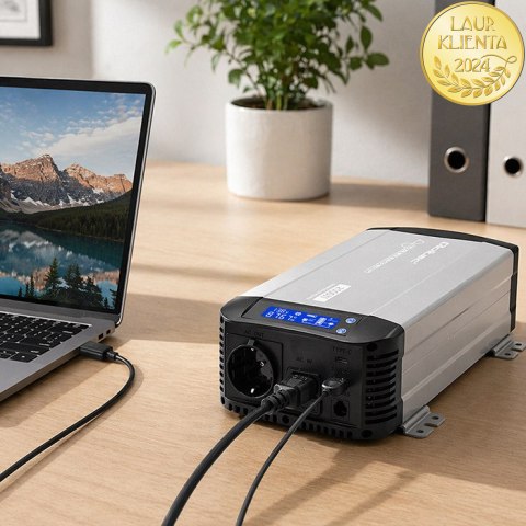 Qoltec Przetwornica napięcia Pure Sine Wave z UPS | 12V na 230V | 1000/2000W | LCD | USB | USB-C | Kompatybilna z LiFePO4 GEL AG