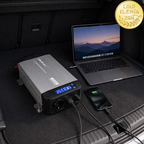 Qoltec Przetwornica napięcia Pure Sine Wave z UPS | 12V na 230V | 1000/2000W | LCD | USB | USB-C | Kompatybilna z LiFePO4 GEL AG