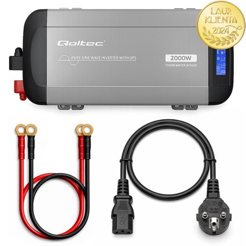 Qoltec Przetwornica napięcia Pure Sine Wave z UPS | 12V na 230V | 1000/2000W | LCD | USB | USB-C | Kompatybilna z LiFePO4 GEL AG