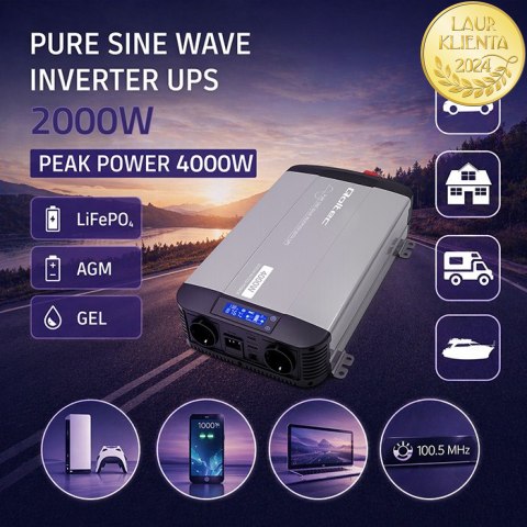 Qoltec Przetwornica napięcia Pure Sine Wave z UPS | 12V na 230V | 2000/4000W | LCD | USB | USB-C | Kompatybilna z LiFePO4 GEL AG