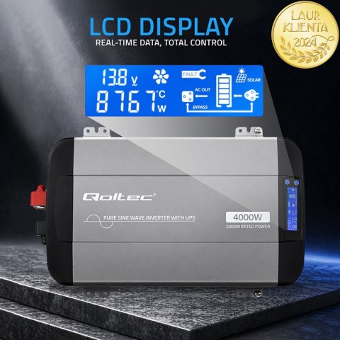 Qoltec Przetwornica napięcia Pure Sine Wave z UPS | 12V na 230V | 2000/4000W | LCD | USB | USB-C | Kompatybilna z LiFePO4 GEL AG