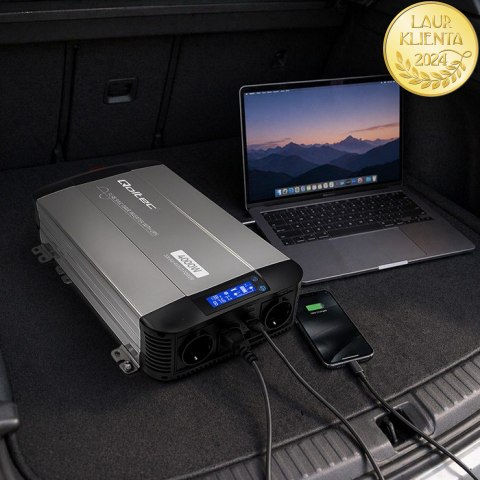 Qoltec Przetwornica napięcia Pure Sine Wave z UPS | 12V na 230V | 2000/4000W | LCD | USB | USB-C | Kompatybilna z LiFePO4 GEL AG