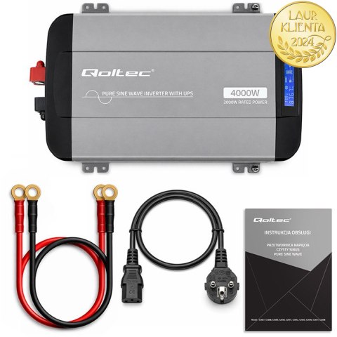 Qoltec Przetwornica napięcia Pure Sine Wave z UPS | 12V na 230V | 2000/4000W | LCD | USB | USB-C | Kompatybilna z LiFePO4 GEL AG