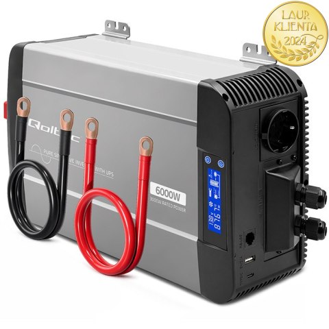 Qoltec Przetwornica napięcia Pure Sine Wave z UPS | 12V na 230V | 3000/6000W | LCD | USB | USB-C | Kompatybilna z LiFePO4 GEL AG