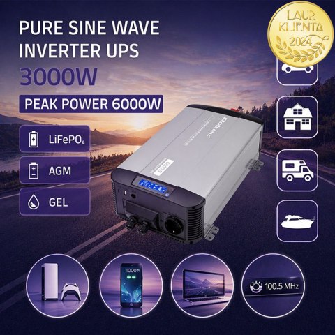 Qoltec Przetwornica napięcia Pure Sine Wave z UPS | 12V na 230V | 3000/6000W | LCD | USB | USB-C | Kompatybilna z LiFePO4 GEL AG