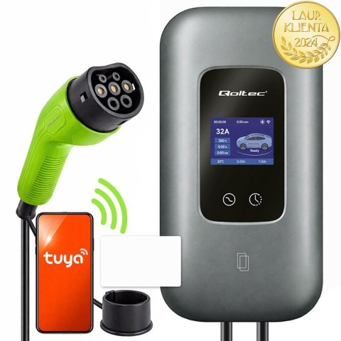 Qoltec Stacja ładowania EV Typ2 do samochodu elektrycznego i hybryd | 3 fazy | 22kW | 32A | Wi-fi | LCD | RFID | Smart life | T
