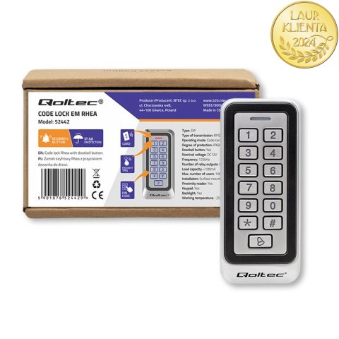 Qoltec Zamek szyfrowy RHEA z czytnikiem RFID| kod | karta | brelok | dzwonek | IP68 | EM