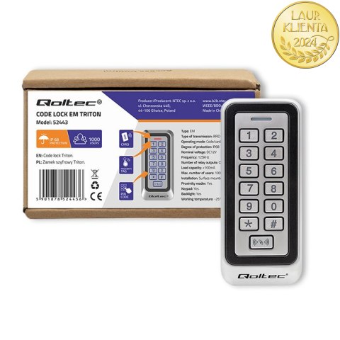 Qoltec Zamek szyfrowy TRITON z czytnikiem RFID| kod | karta | brelok | IP68 | EM
