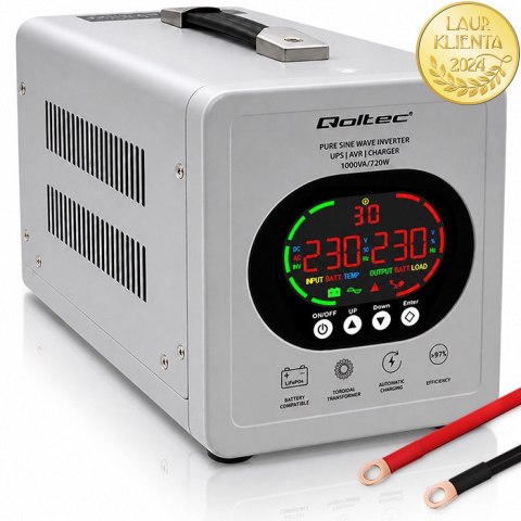 Qoltec Zasilacz awaryjny UPS Pure Sine Wave | 1000VA/720W | Przetwornica 12/230V z AVR | LCD | LiFePO4 AGM GEL
