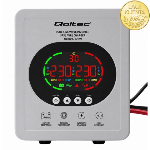 Qoltec Zasilacz awaryjny UPS Pure Sine Wave | 1000VA/720W | Przetwornica 12/230V z AVR | LCD | LiFePO4 AGM GEL