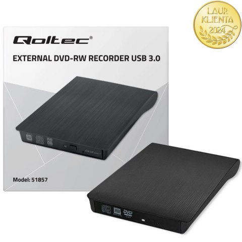 Qoltec Zewnętrzny Napęd Nagrywarka Odtwarzacz płyt CD DVD | USB 3.0 | Czarny