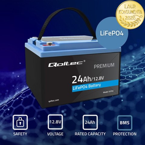 Qoltec Akumulator LiFePO4 Litowo-Żelazowo-Fosforanowy | 12.8V | 24Ah | 307.2Wh | BMS