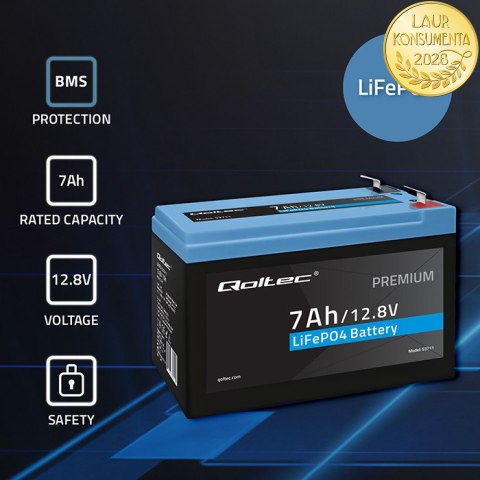 Qoltec Akumulator LiFePO4 Litowo-Żelazowo-Fosforanowy | 12.8V | 7Ah | 89.6Wh | BMS